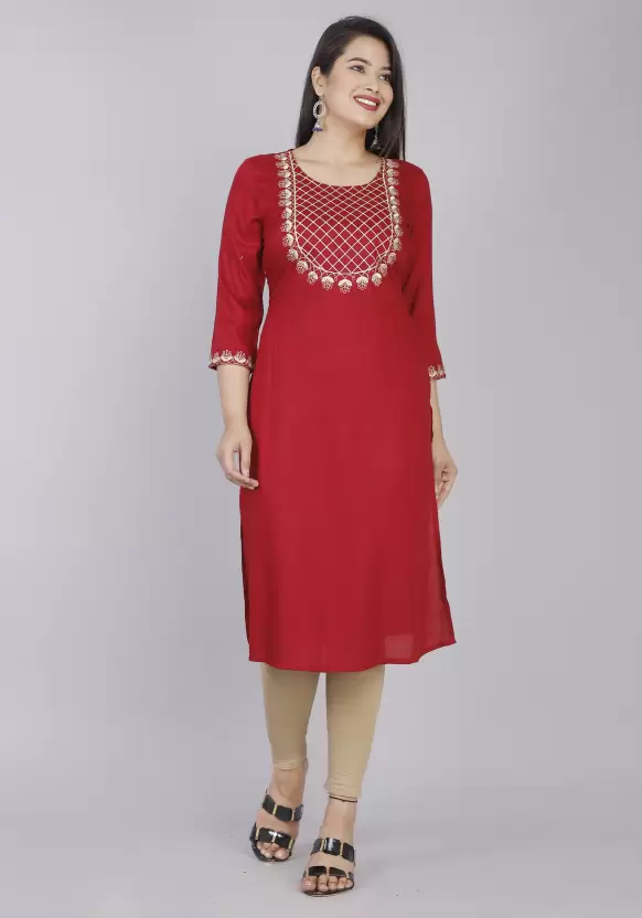 Women Embroidered Viscose Rayon Straight Kurta