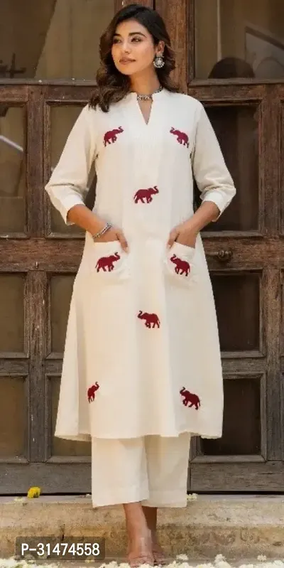 Stylish Cotton Animal Embroidered Regular Kurta with Palazzos