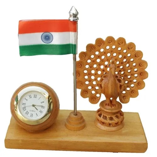 Wooden Peacock Statue And Flag and Watch For Office Desk (Brown)